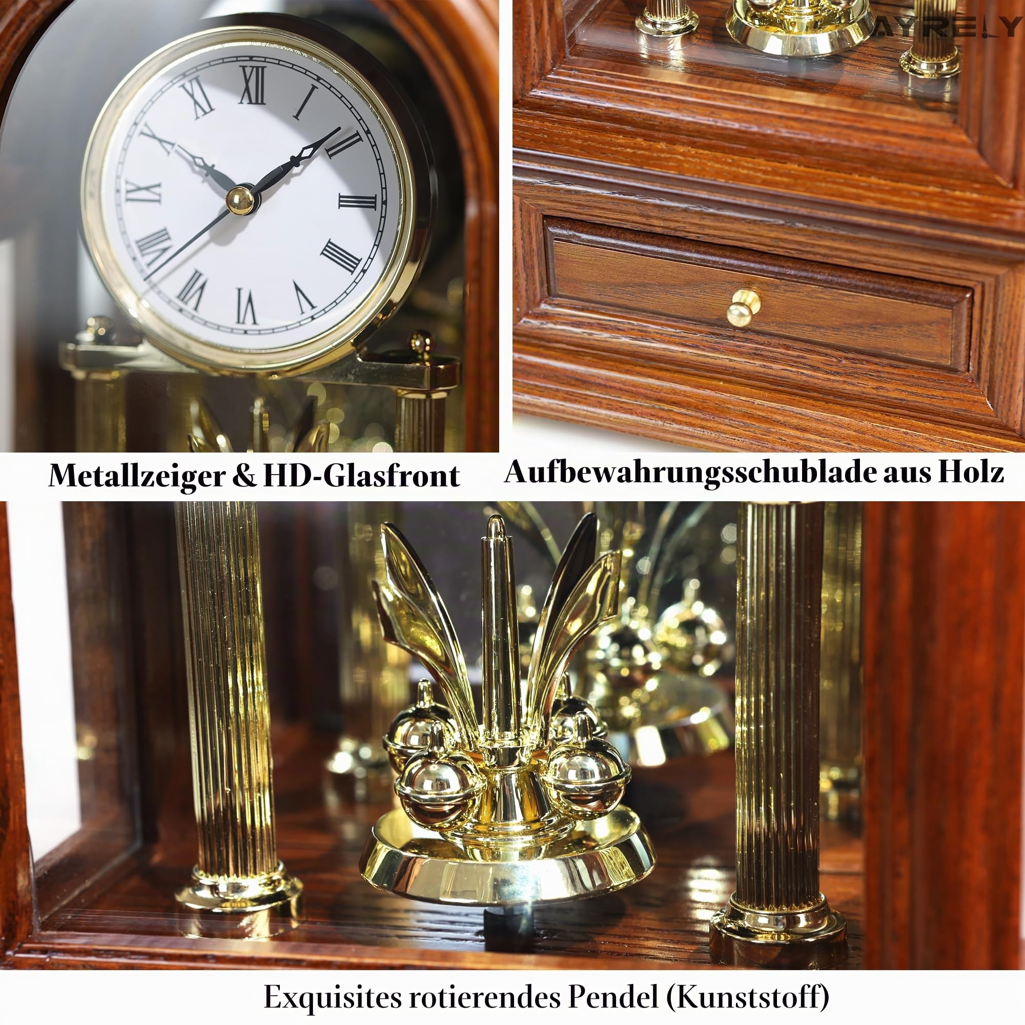 AYRELY® Holz Tischuhr Jubiläumsuhr, Antike Regaluhren, Retro Kaminuhr mit Drehpendel, Schreibtisch Standuhr im Großvaterstil, Vintage Tischuhren für Wohnzimmer, Wohndeko Geschenk