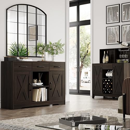 Miniatura 4 de HOSTACK Moderno gabinete de buffet de granja con almacenamiento puertas de granero aparador gabinete de almacenamiento de buffet con cajones y