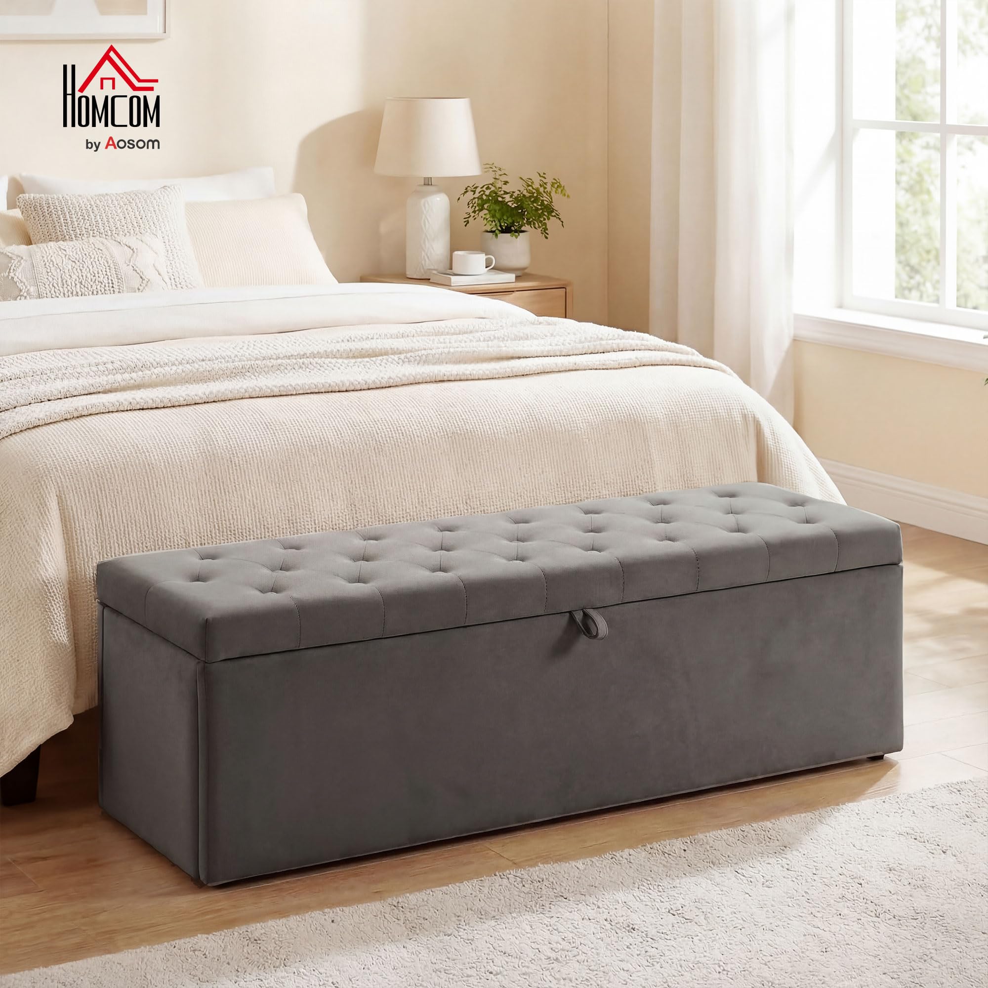 HOMCOM Cassapanca 140L Pouf Contenitore Poggiapiedi 137x41x42 cm, Seduta Ampia Imbottita, Panca Contenitore in Velluto, Capacità 240kg, Camera da Letto, Soggiorno, Ingresso, Grigio