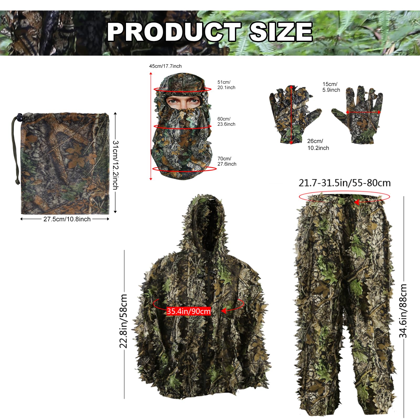 PELLOR Tuta Mimetica Ghillie 3D, Tuta Mimetica Jungle Ghillie Suit Boschiva Abbigliamento con Cappucci e Mimetici Guanti per Camouflage Caccia Campeggio Nascosto