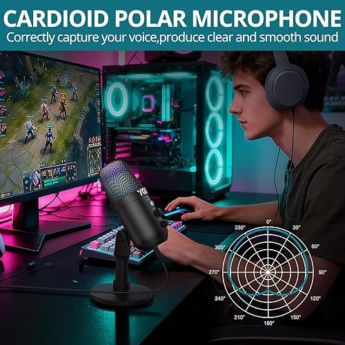Miniatura 7 de Micrófono de condensador USB con soporte de luces RGB para PC, PS4, PS5  Micrófono dinámico para juegos, cancelación de ruido, control de ganancia