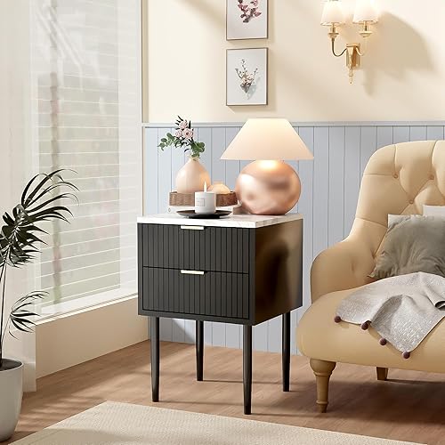 Miniatura 2 de Anbuy Juego de 2 mesitas de noche de mármol negro con mango dorado, mesita de noche a rayas con cajones, mesa auxiliar con parte superior de mármol