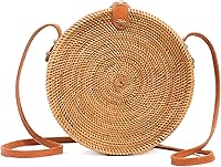 NovumCrafts Handmade Bali Rattan Round Woven Crossbody Bag for Women - Boho Ata Straw Purse with Leather Strap