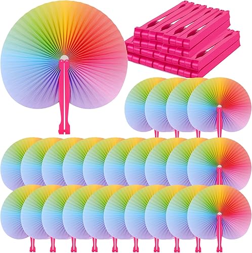 Miniatura 8 de Paquete de 48 ventiladores plegables de arcoíris con ejes de plástico, ventilador de papel decorativo de mano, ventilador grande de mano de arco