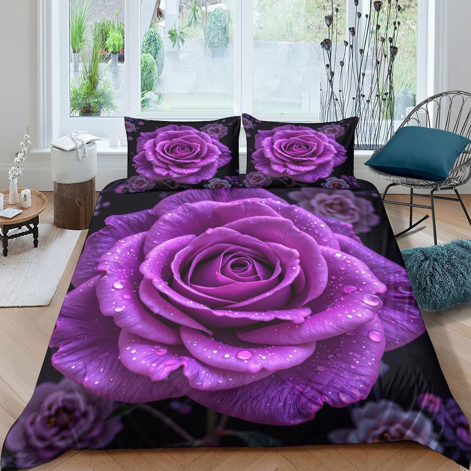 Housse de Couette 140x200 Rose Violette Lit 1 Personne Décoration Fleurie
