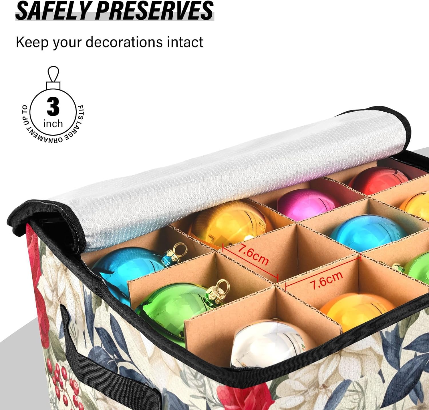 SPRIPORT Flowers Christmas Christmas Ornament Storage Box for Next Season Holiday Decorations Storage Container with Adjustable Dividers & Lid Lidded Storage Bins for Organizing Decor Ornaments Balls