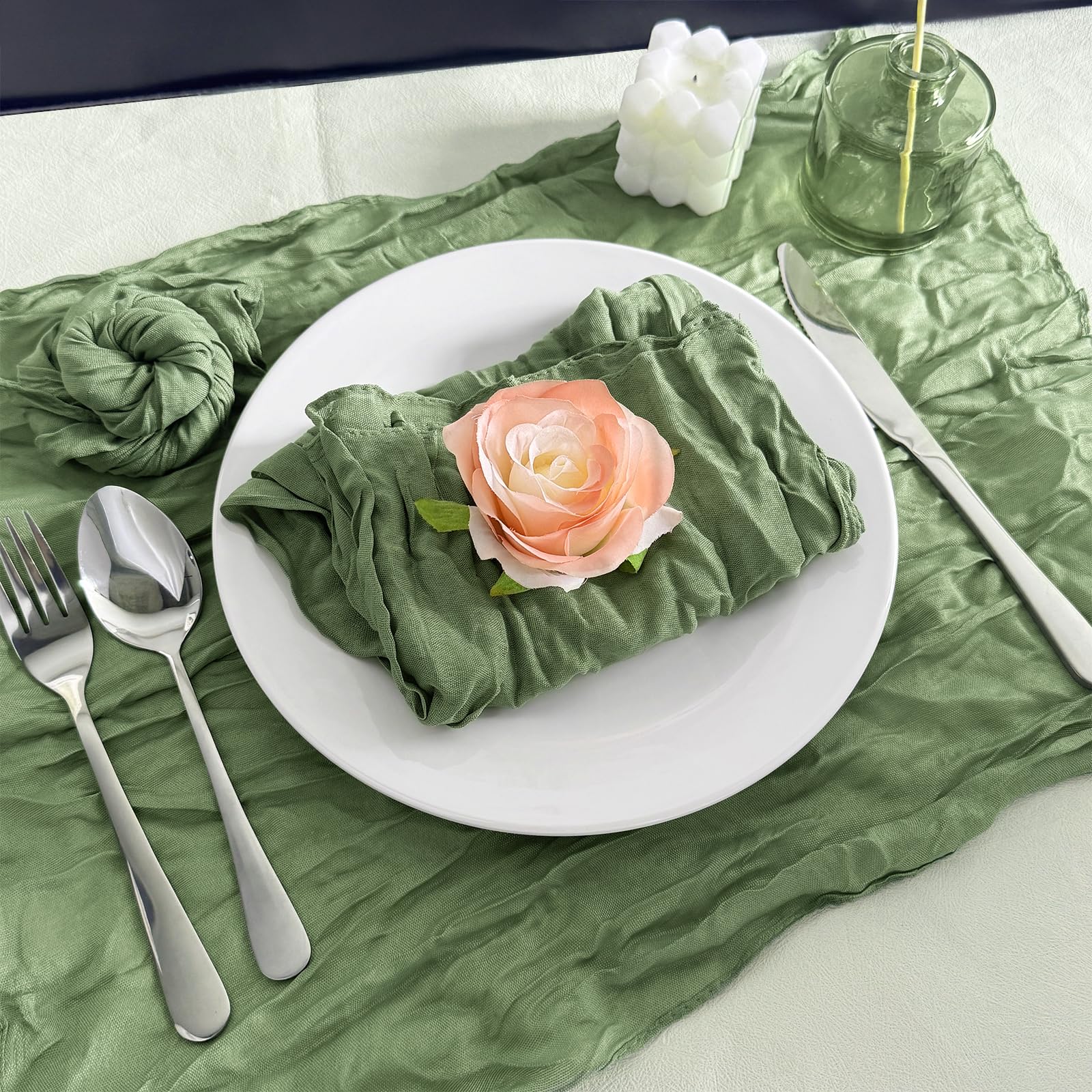 Lot 12 Serviettes De Table Gaze De Coton 50x50 Cm Vert Sauge – Chemin De Table Bohème Chic Pour Mariage, Dîner, Fête & Quotidien