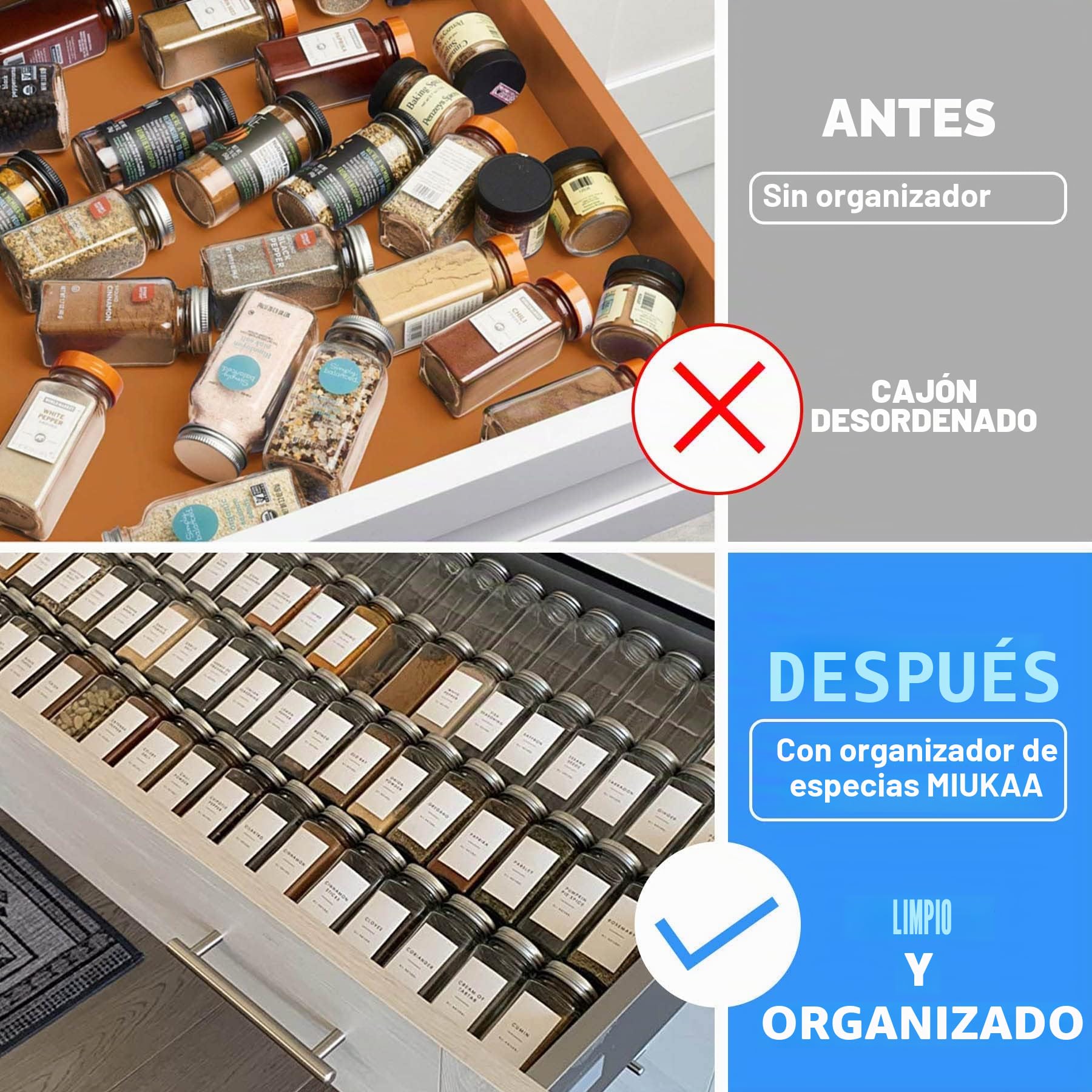 Organizador de cajones de especias de acrílico transparente, 4 niveles, 2 juegos expandibles de 13 a 26 pulgadas, bandeja de especias de cocina para cajón/encimera (tarros no incluidos)