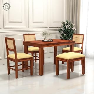 SHRI MINTU'S ART Solid Wood 4-Seater Dining Table Set with 3 Cushioned Chairs & Bench | Sheesham Wood Dining Set for Home | Wooden Dining Furniture for Kitchen & Dining Room (Honey Finish)