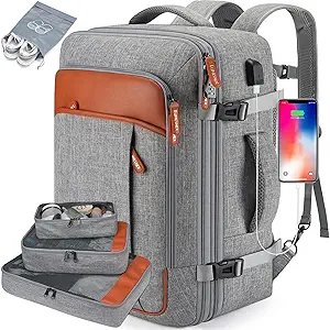 Lumesner Carry on Backpack, Extra Large 40L Flight Approved Travel Backpack for Men &amp; Women,Expandable Large Suitcase Backpacks With 4 Packing Cubes,Water Resistant Luggage Daypack Weekender Bag,Grey