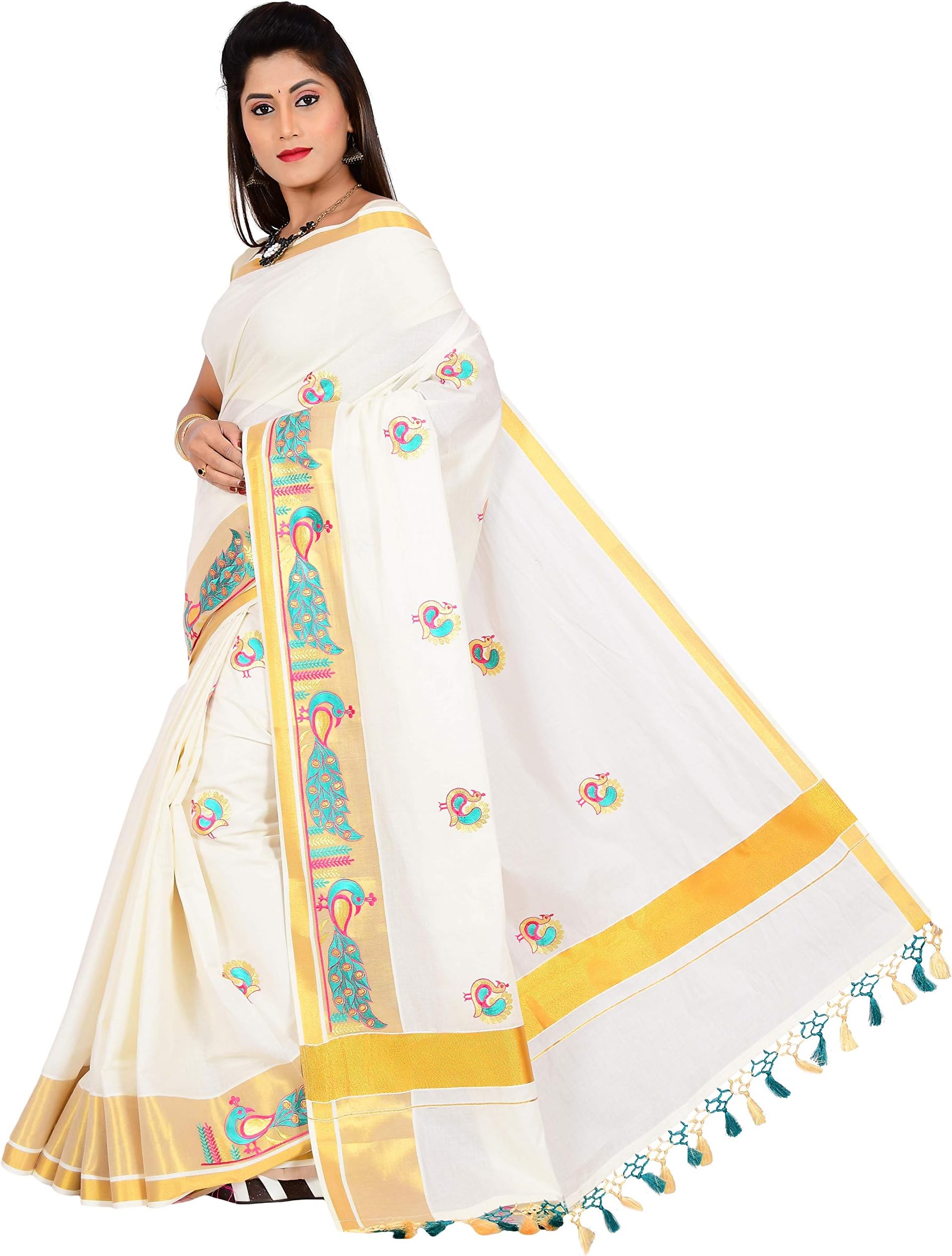 JISB Women's Kerala Kasavu Embroidered Saree(TJT01422, Off white)