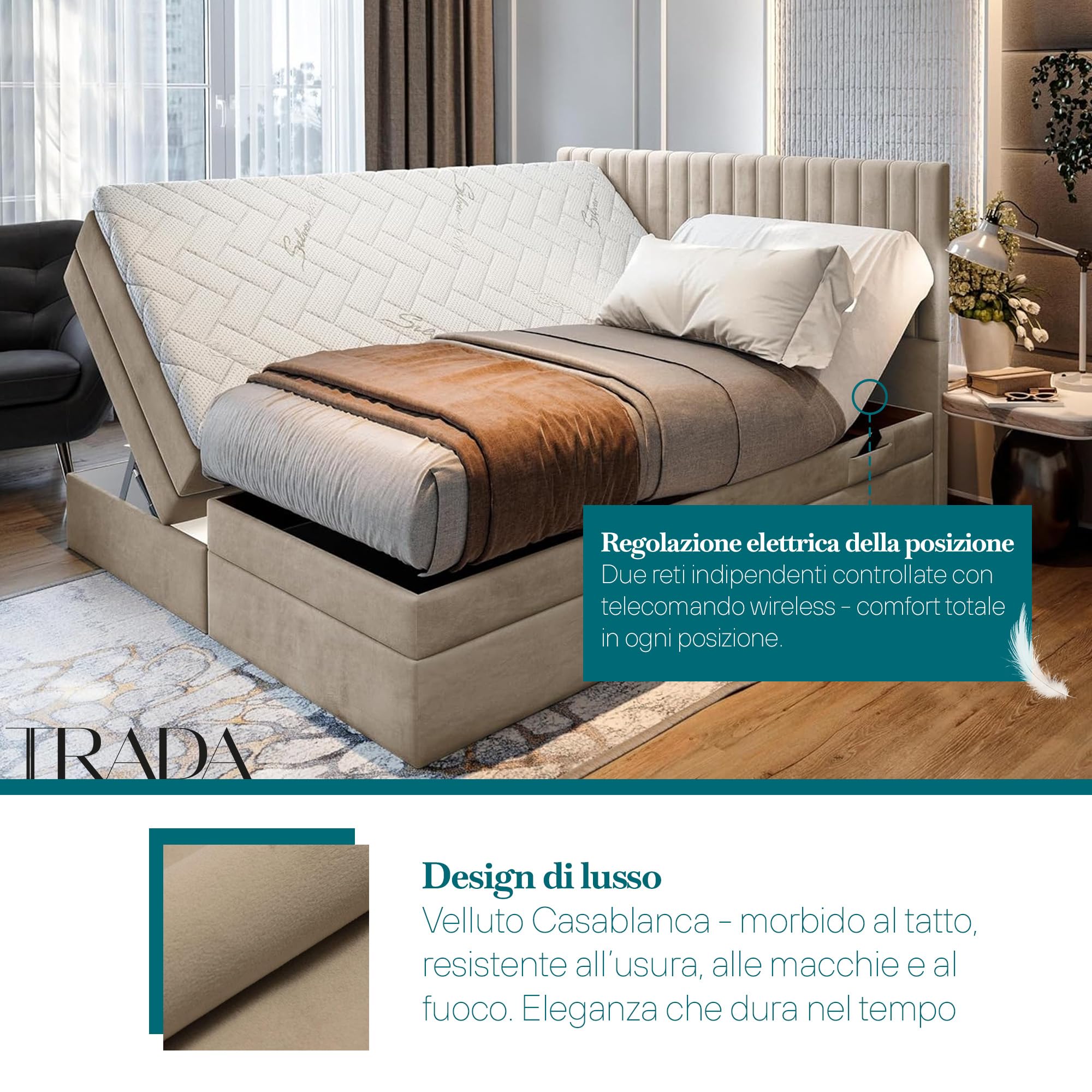 TRADA Letto Contenitore Matrimoniale ADELE, 200x200cm, Beige | Letto Elettrico con Materasso + Tooper e Contenitore - Rivestimento In Tessuto Velour