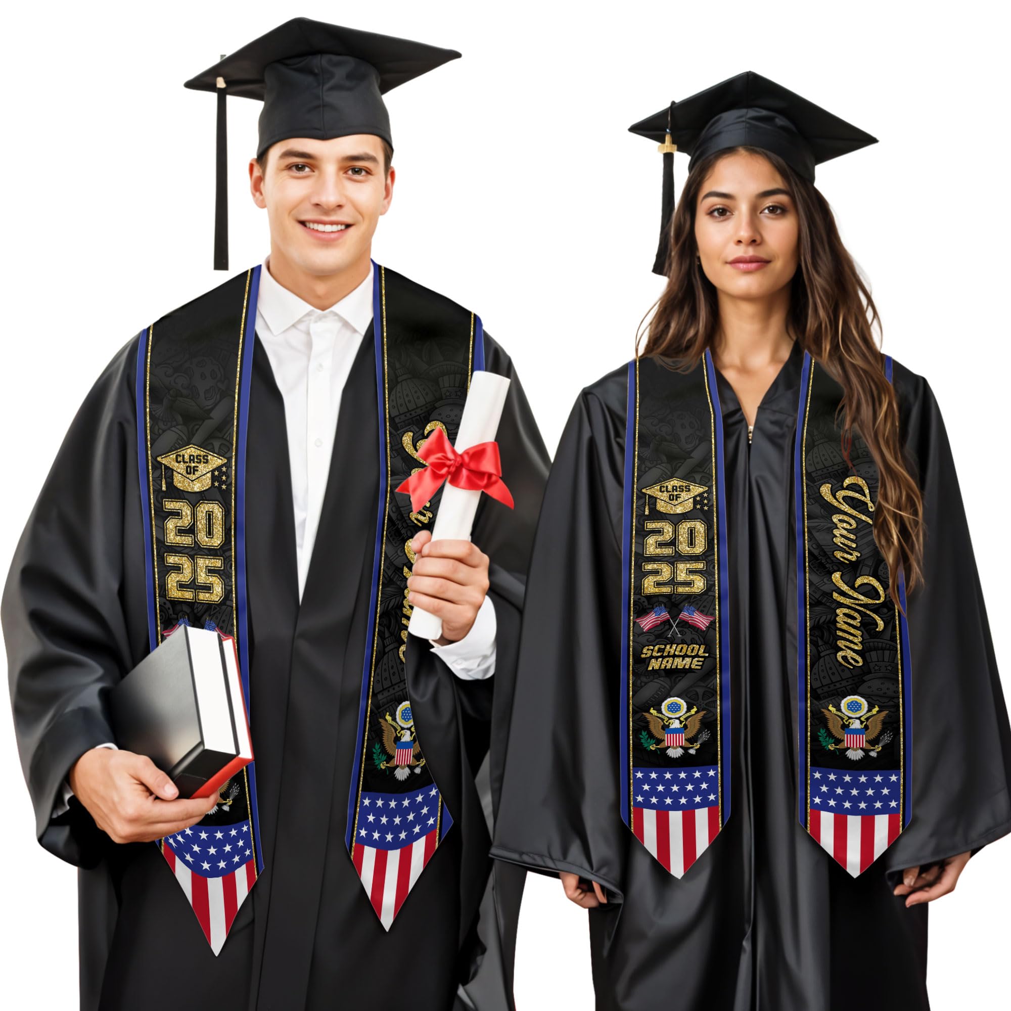 MonkeyVan Personalized USA Graduation Sash, Class of 2025 American Flag Stole Custom Stole for College High School University M18