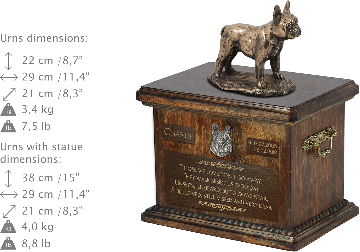 Art-Dog Custom Dog Sitting Statue Memorial Urn - Handmade Cold Cast Bronze on Birch Base – Sturdy and Stylish Urn for Dog’s Ashes – 8.3x11.4x8.7 – 5l – French Bulldog