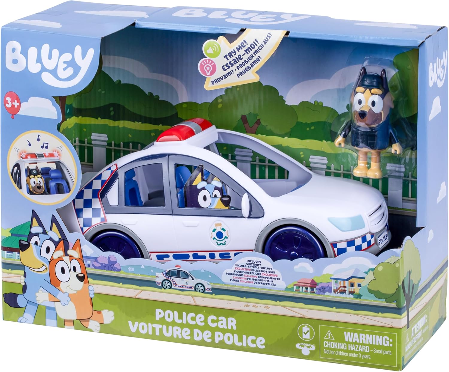 Bluey Police Car Toy, Vehicle from The Special Episode The Sign. Includes Toy Police Car with Flashing Lights & Sounds, Policeman Figure, and Themed Sticker Set. Batteries Included.