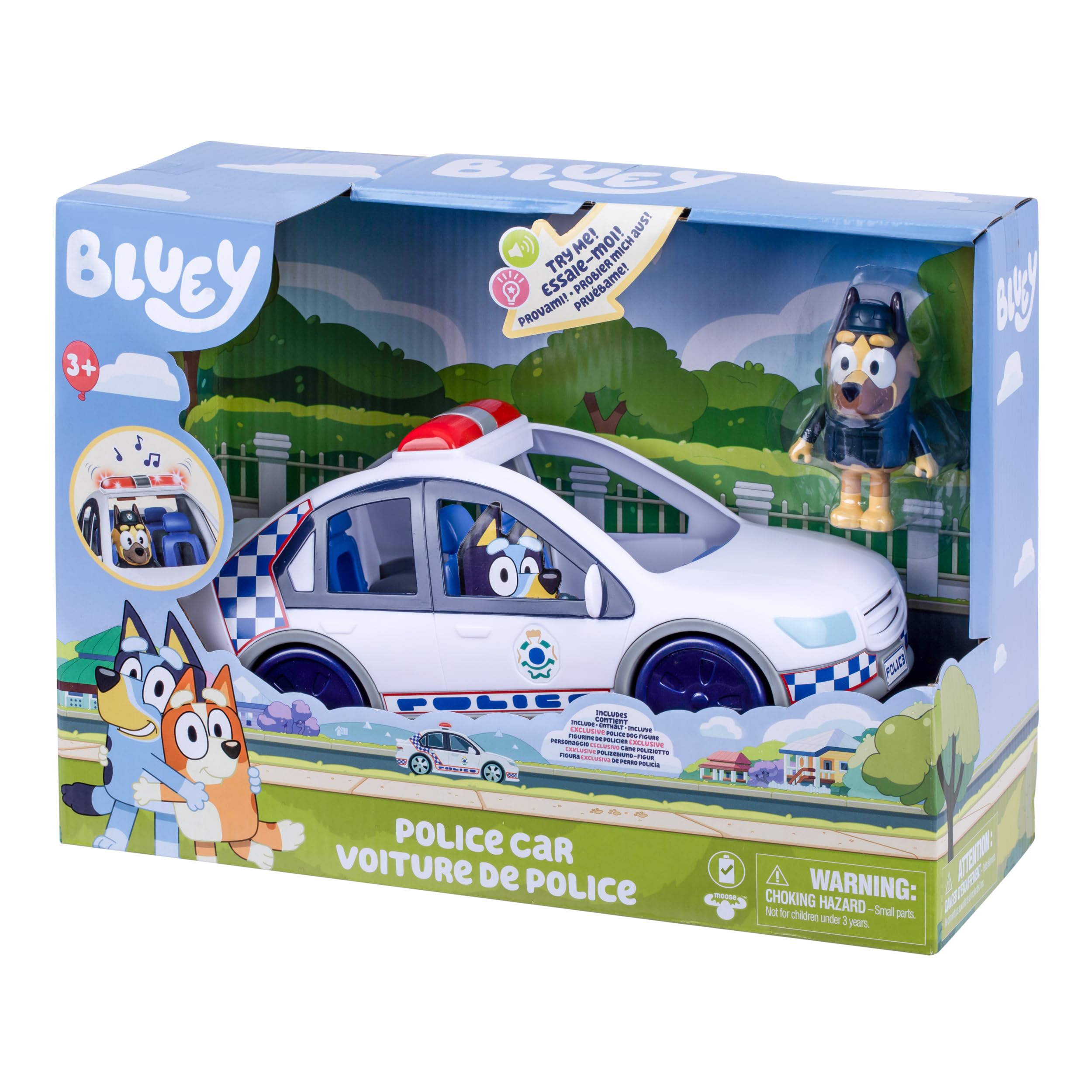 Coche de policía de Bluey; vehículo del Episodio Especial El Cartel; Incluye un Coche de con Luces y Sonidos, una Figura de y una Hoja de Pegatinas temáticas; Pilas Incluidas