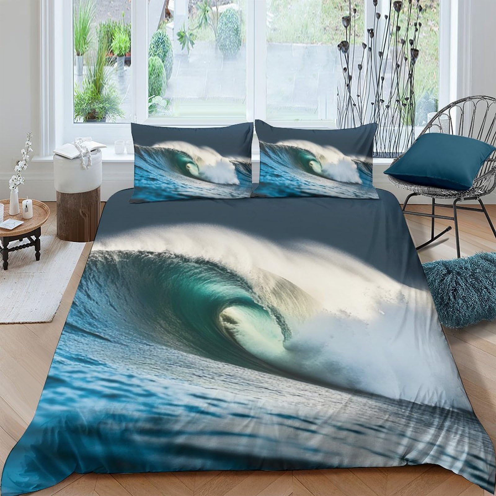 Ctjqhvkz Style-4 3D Printed Ocean Wave Fitted Sheet Microfiber Blue Sea Surf Mattress Cover For Bedroom Guest Room Decor Single（135X200cm）