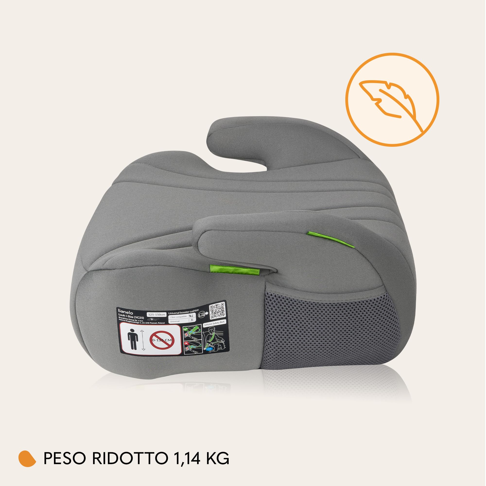 Lionelo Rialzo Auto per bambini LUUK I-Size Gruppo 2/3, 125-150 cm (22-36kg) Booster Leggero 1,6 kg e Comodo - Schiuma Adattiva, Braccioli, Traspirante e Lavabile, Facile installazione con cintura
