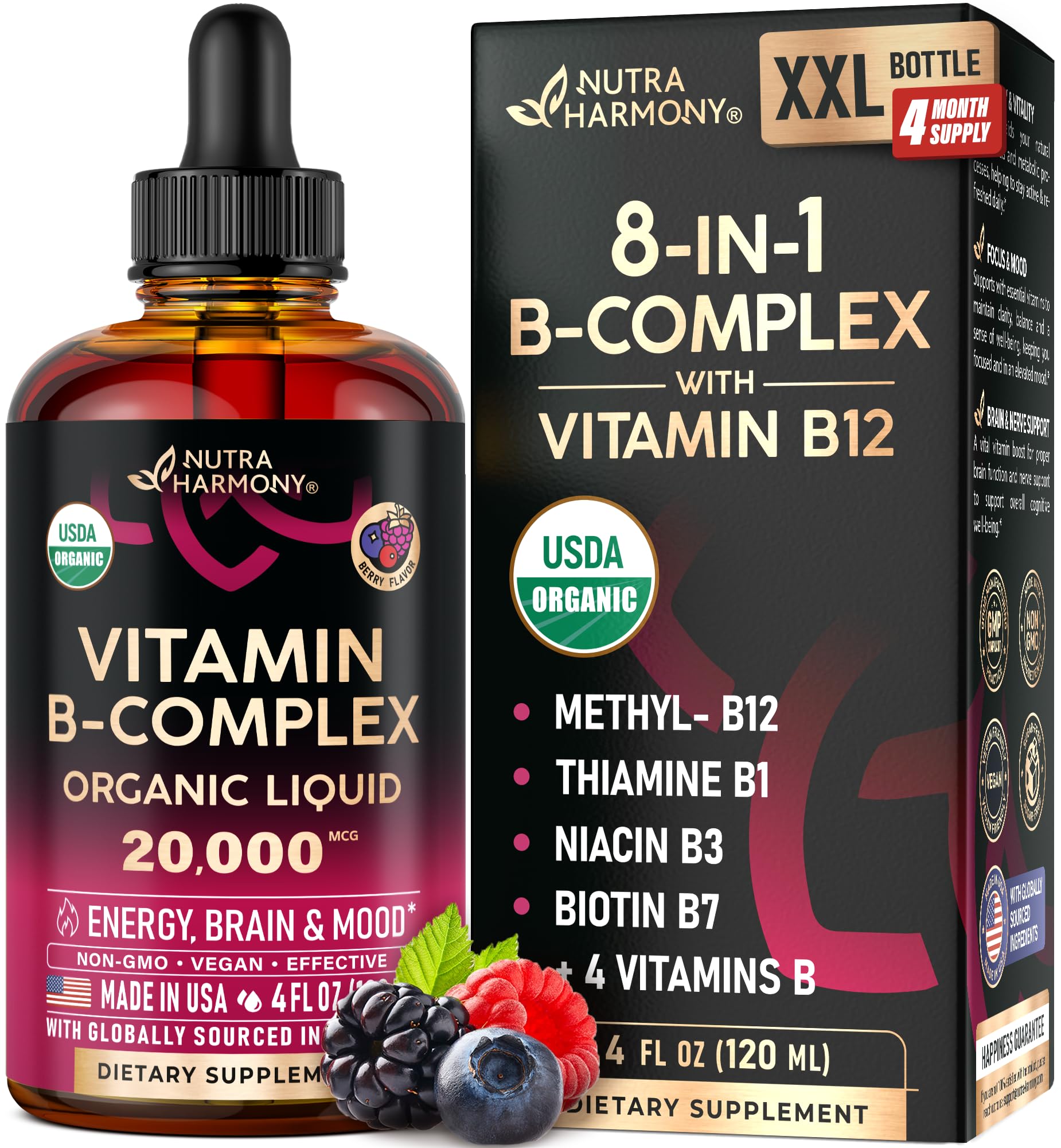 USDA Organic Vitamin B-Complex B5 Pantothenic Acid | B12 Methylcobalamin | B1 Thiamine | B6 Pyridoxine | B7 Biotin | B9 Folic | B3 Niacinamide - B Complex Liquid Drops, Made in USA Supplement, 4fl ozUSDA Organic