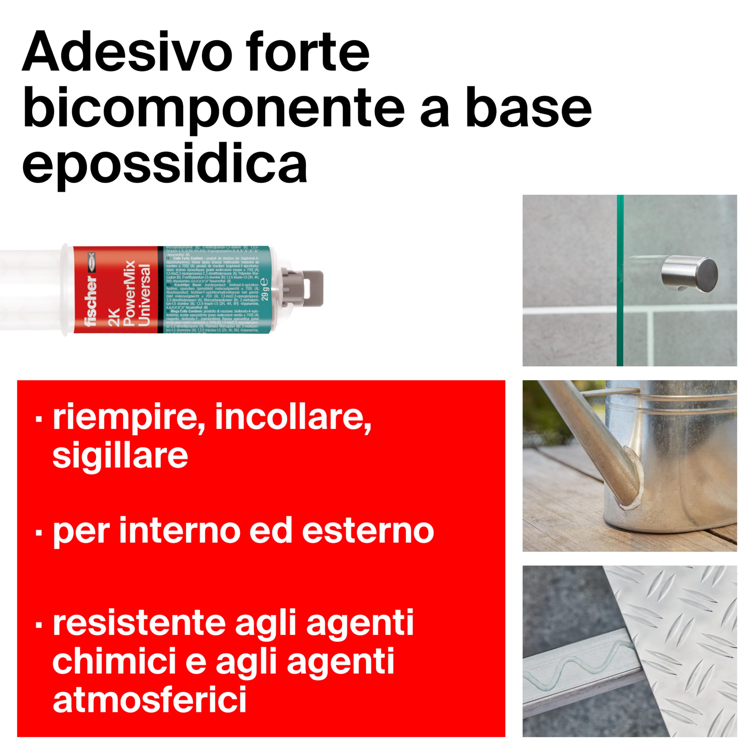 Fischer 2 Pz Mega Colla Epossidica Bicomponente PowerMix NTJH, Presa Rapida, Adesivo Trasparente per Incollare Metallo, Legno, Plastica, Vetro, Ceramica, 2 x 25 ml