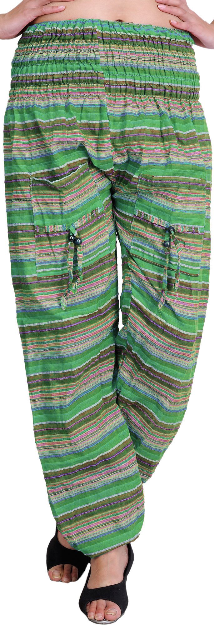 Exotic India Woven Yoga Trousers with Front Pockets - Color Kelly Green