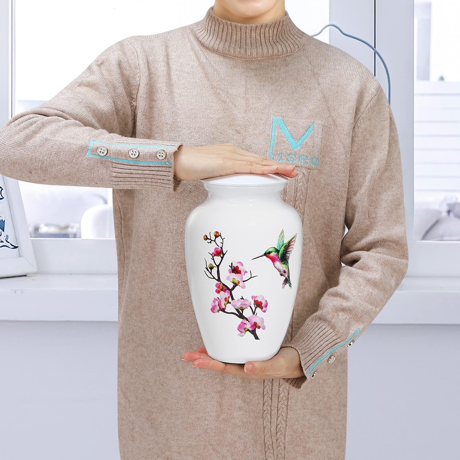 Hummingbird Cremation Urn for Adult Ashes, White Funeral Urn, Large Decorative Urn with Velvet Bag, up to 200 Lbs Capacity, Urns for Human Female and Male - Image 2