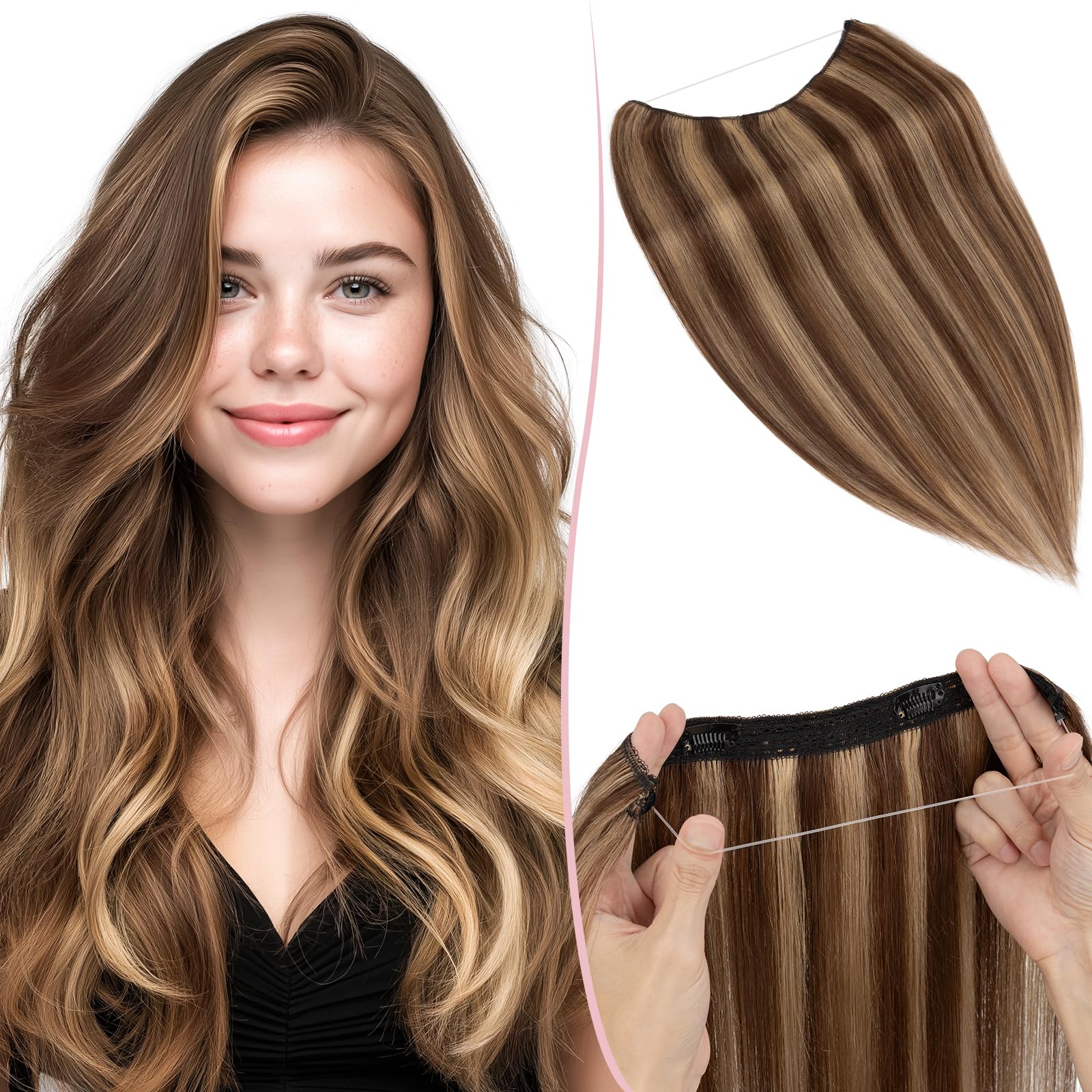 SEGO Pro Extensions Echthaar mit Draht Unsichtbarem Haarverlängerung 1 Tresse Haarteil 100% Remy Human Hair Secret adjustable