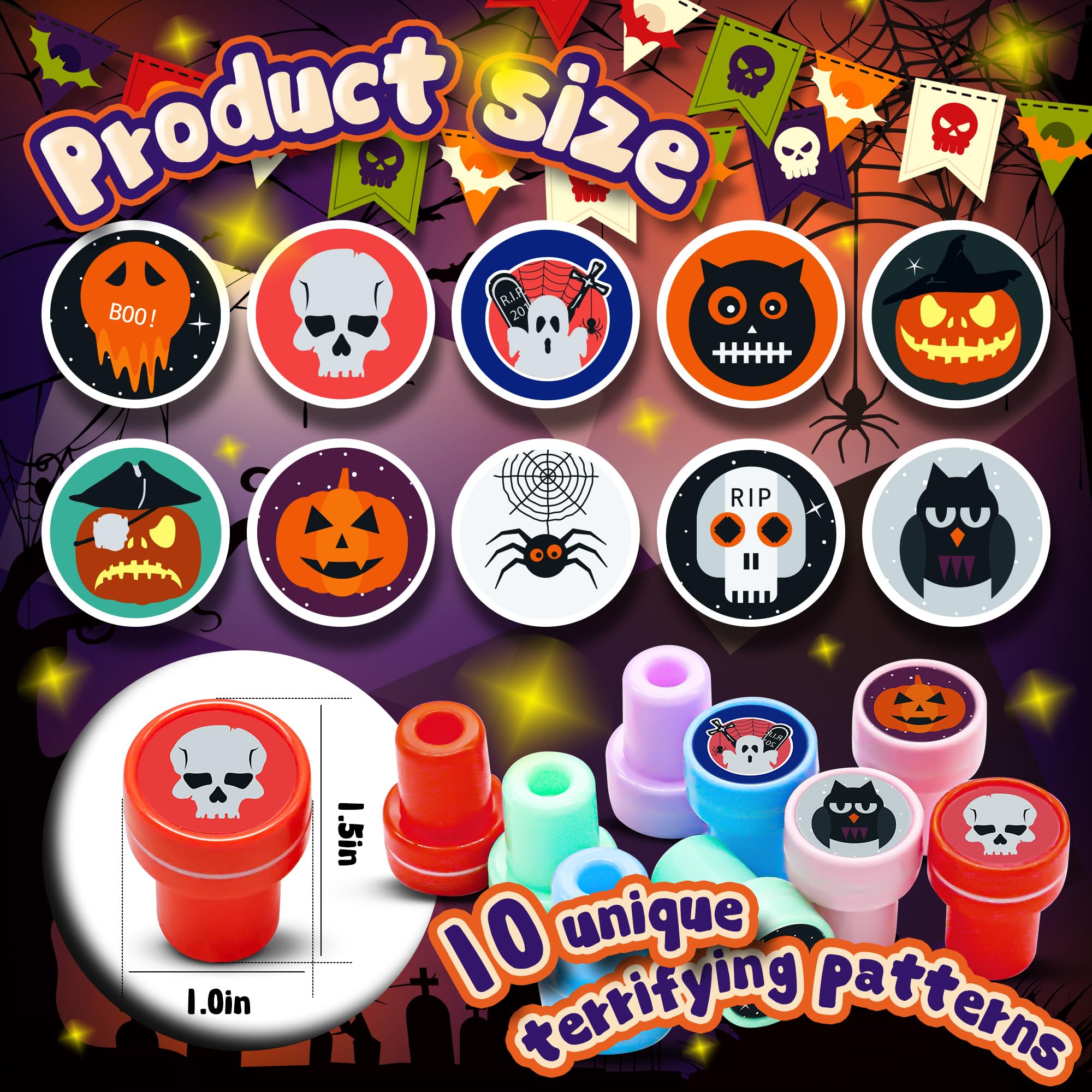 24PCS Halloween Stampers Set, 10 Fun Designs Gift Toy Pack for Kids Party Favors Suppliers for Kids 4-8 8-12, Arts & Crafts - Image 2