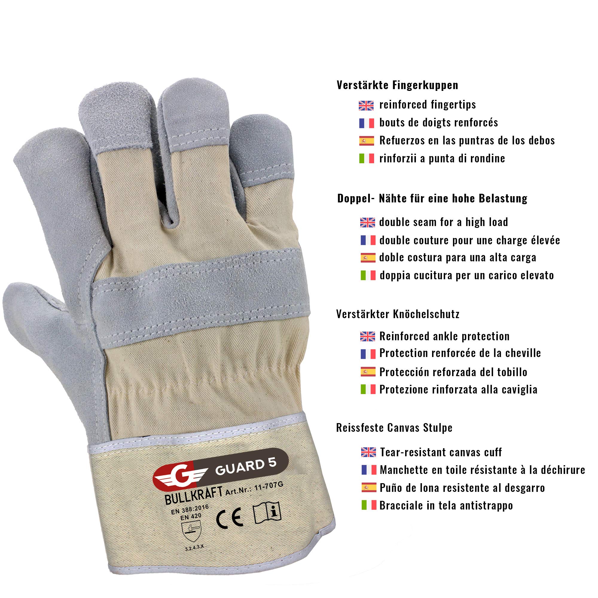 GUARD 5-12 Paar Leder Arbeitshandschuhe (Gr. 9 / L) - robuste Bau- und Gartenhandschuhe - Rindspaltleder