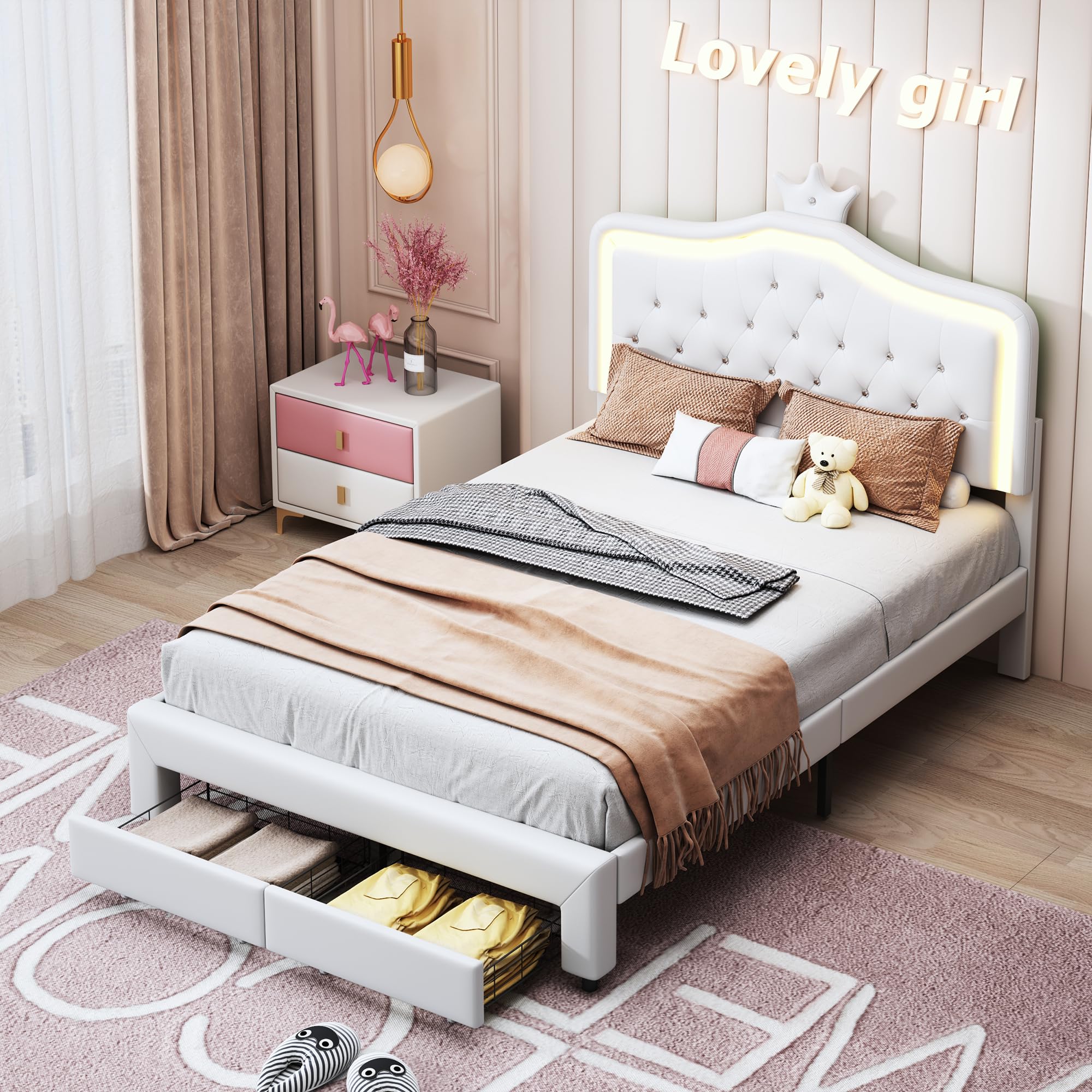 Letto imbottito 140 x 200 cm, letto principesse con illuminazione a LED, Letto matrimoniale con Testiera regolabile a forma di corona, Letto per bambini con rete a doghe e cassetto, senza materasso