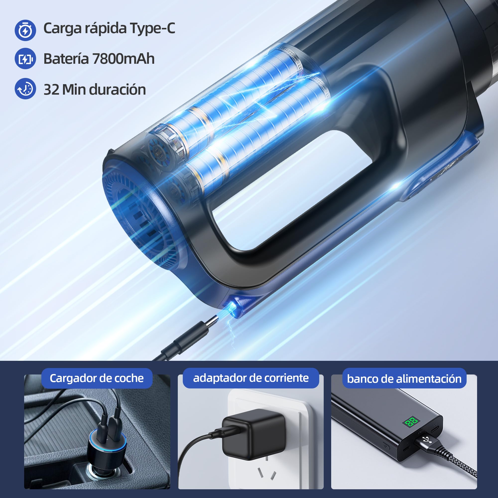 Aspiradora Coche Inalámbrica 2 en 1 18000Pa – Soplador y Aspirador Potente con Motor Brushless 130W, Ligera, Batería 7800mAh y Accesorios para Limpieza Auto y Hogar