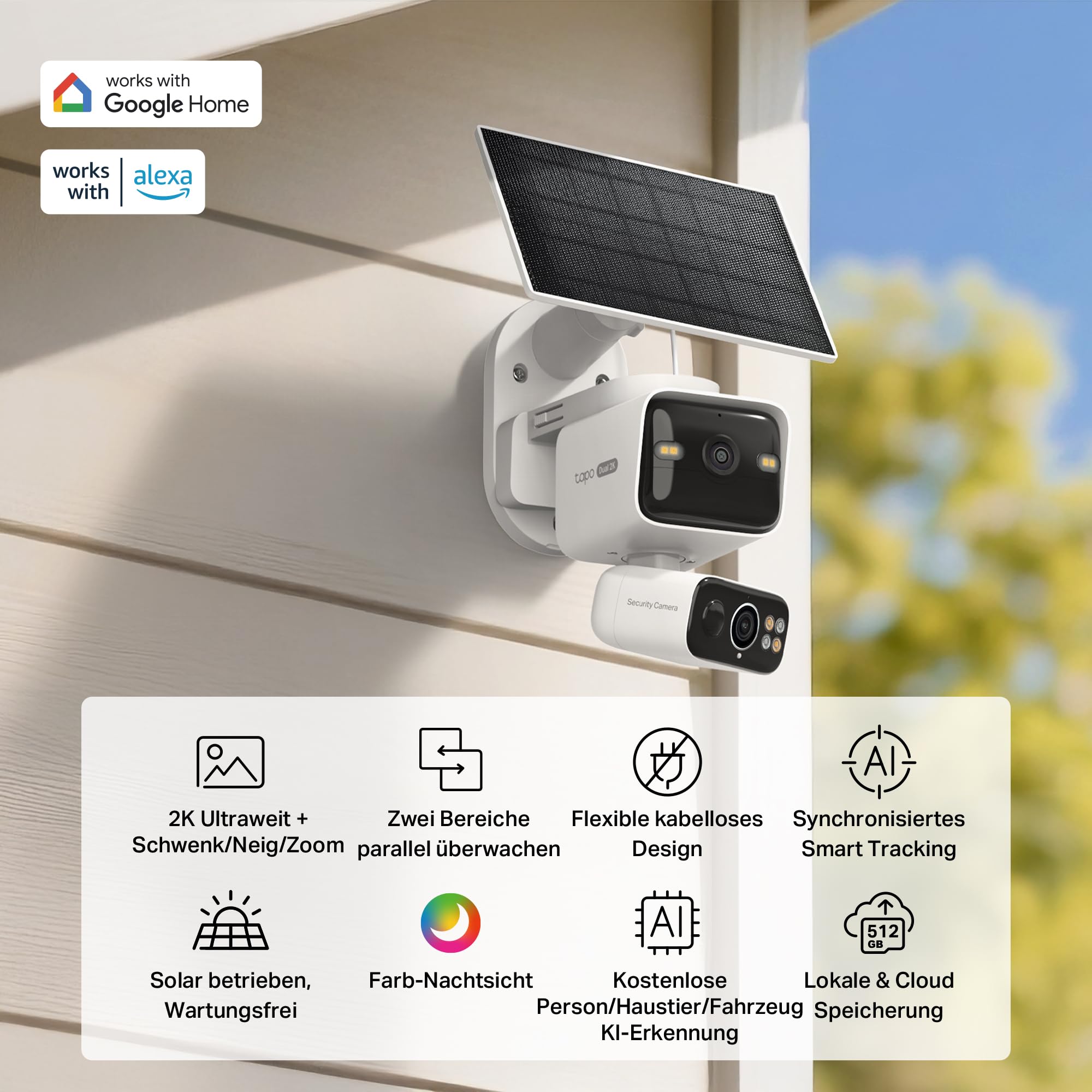 Tapo C645D KIT Solar Überwachungskamera Außen mit Akku | 2K Dual-Objektiv | 165° Winkel + 6mm Objektiv | Dual-Band 2,4GHz/5GHz WLAN | KI-Erkennung | 24/7 Aufzeichnung | Lokale MicroSD & Cloud Speicher