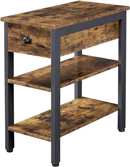 Yaheetech Industrial End Table with Drawer, Narrow Side Table with 3-tier Storage Shelves, Slim Bedside Table, Dark Wood Nightstand for Small Space, Living Room, Bedroom, 60x30x61cm, Rustic Brown