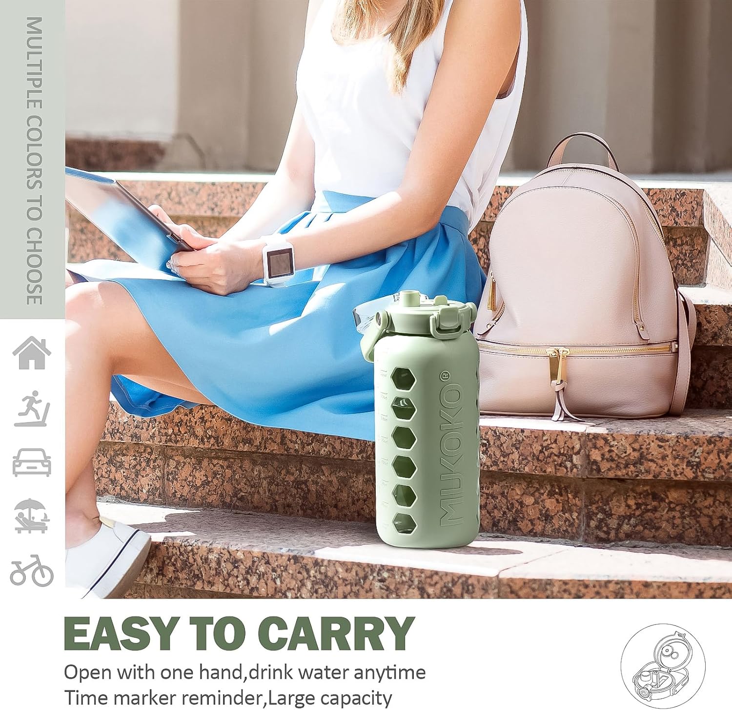 MUKOKO Half Gallon/64 oz Glass Water Bottles with Straw and Lid,Motivational Water Jug with Time Marker Reminder and Silicone Sleeve,100% Leakproof BPA Free Fitness Sports Large Bottle-Green - Image 6