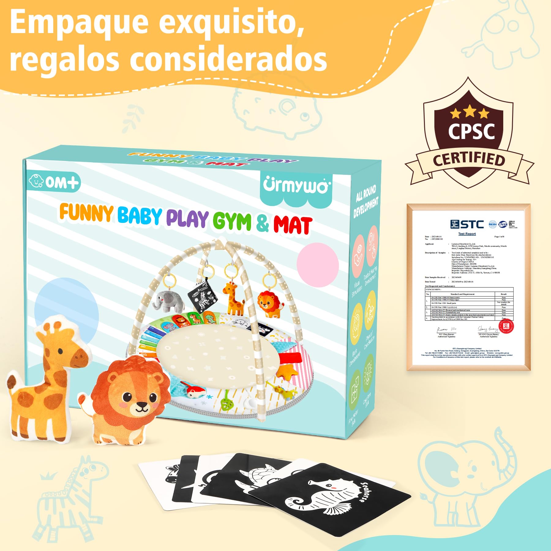 URMYWO Tapete Actividades Bebé, Alfombra Juegos Bebé con Arco Desmontable y 5 Juguetes Extraíbles, Estimula 6 Sentidos y Motricidad,Gimnasio Bebé Tummy Time 0-18 Meses,Juguete Ideal para Niña o Niño