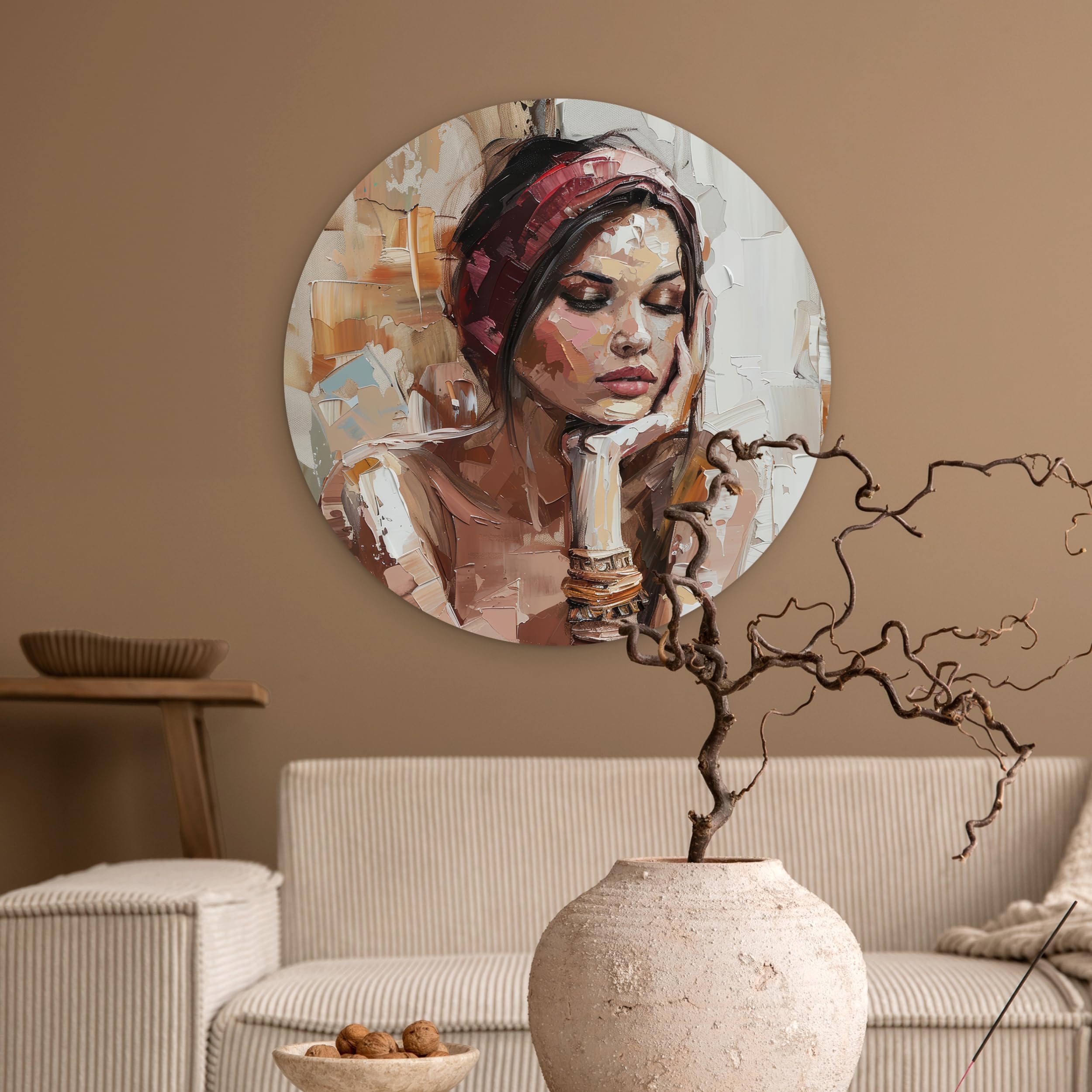 MuchoWow© Quadro Rotondo Ø60 cm Salotto Ufficio Cuadro Moderne Finestre Design Murale Bedroom Stanza Fiori Natura Soggiorni Grande Pareti Donna - Sguardo pittorico - Ritratto - Moderno