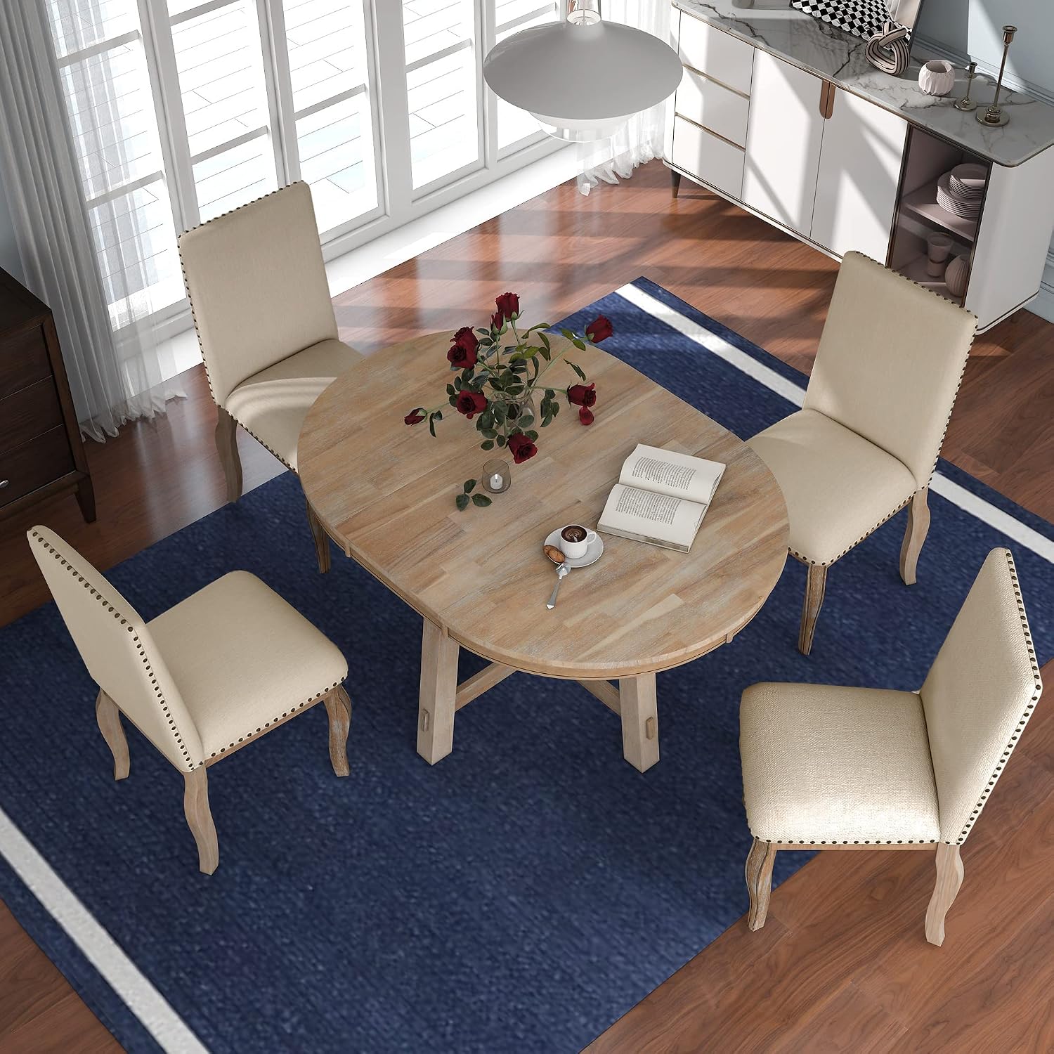 P PURLOVE 5pc Dining Table Set, Farmhouse Dining Table Set Wood Round Extendable Dining Table and 4 Upholstered Dining Chairs (Natural Wood Wash)