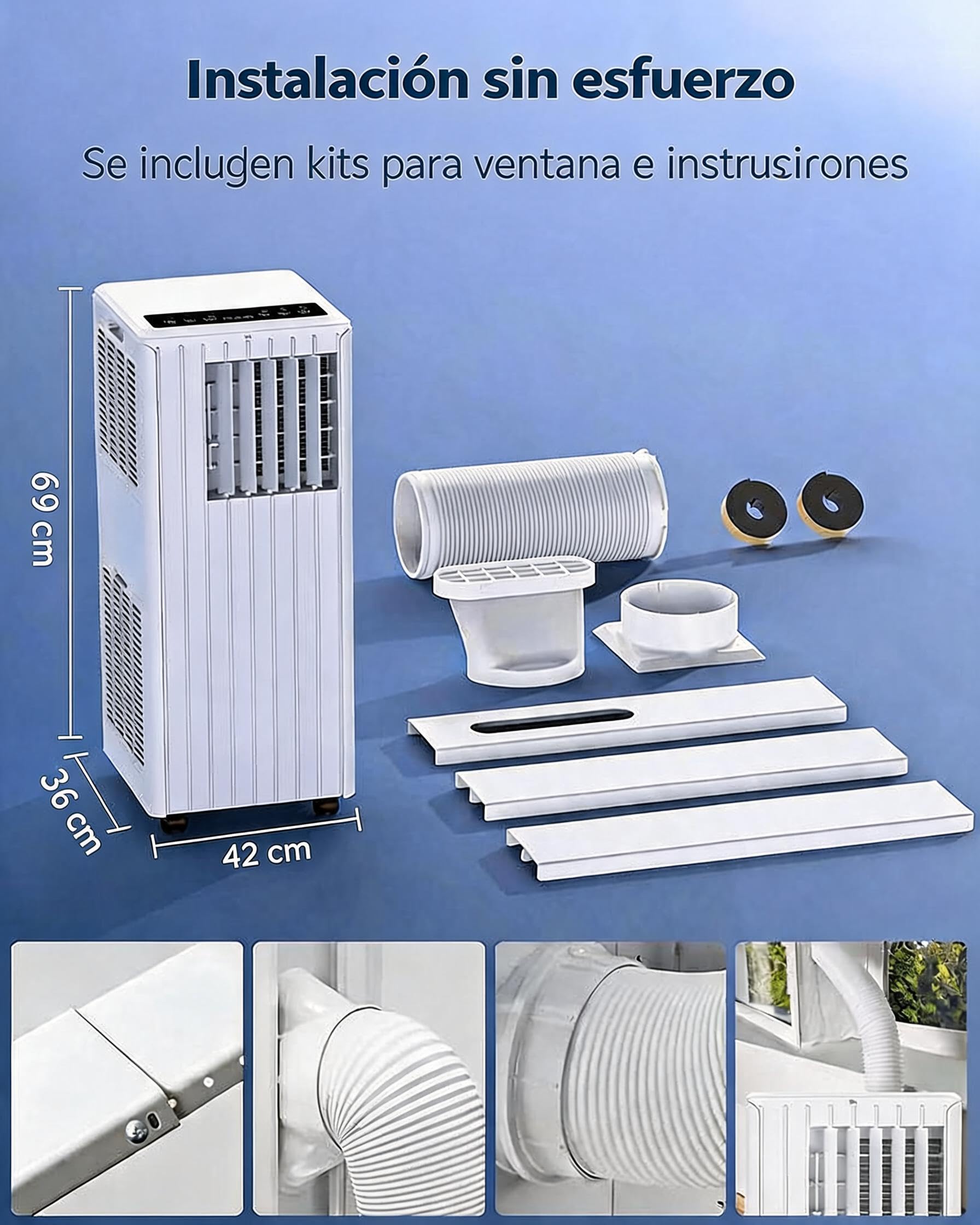 Aire Acondicionado Portátil 9000 BTU 3 en 1 – Enfriamiento Rápido, Deshumidificador, Ventilador – 2 Velocidades, Temporizador 24H, modo Sueño, Mando, Bajo Consumo, R290, Ruedas, hasta 32m²