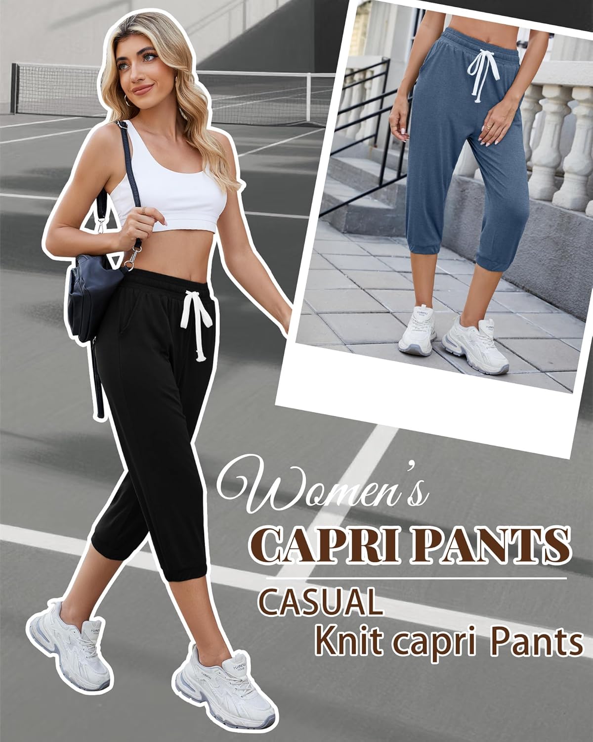 Ficerd 3 Pcs Women's Capri Sweatpants Joggers Summer Casual Sports Cropped Lounge Pants High Waisted Athletic with Pockets