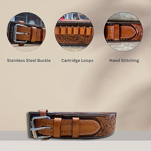 Miniatura 10 de Hulara Cinturón de cuero pulido de grano completo para pistola de 22 cartuchos, cinturón de cartucho occidental, cinturón de bala para hombre