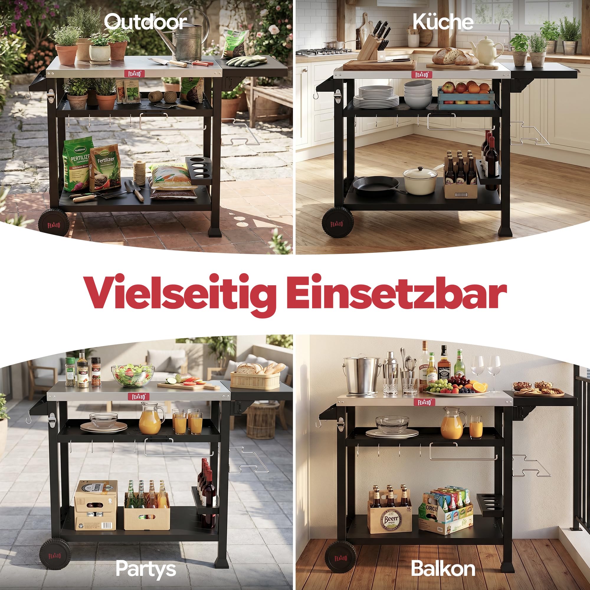 Feasto Grillwagen Outdoor wetterfest Grilltisch Pizzatisch Outdoor-Küche | 125x64x84cm grill beistelltisch outdoor mit klappbarem Beistelltisch, Outdoor Servierwagen für Küche, Terrasse, Buffet