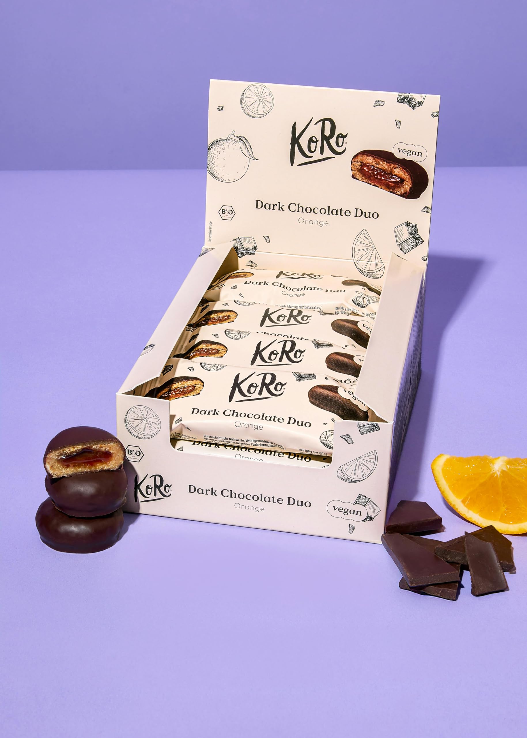 KoRo - Bouchées de chocolat noir bio à l'orange 12 x 2 x 20 g - Base d'avoine et de noix de cajou - Garniture fruitée à l'orange - Vegan