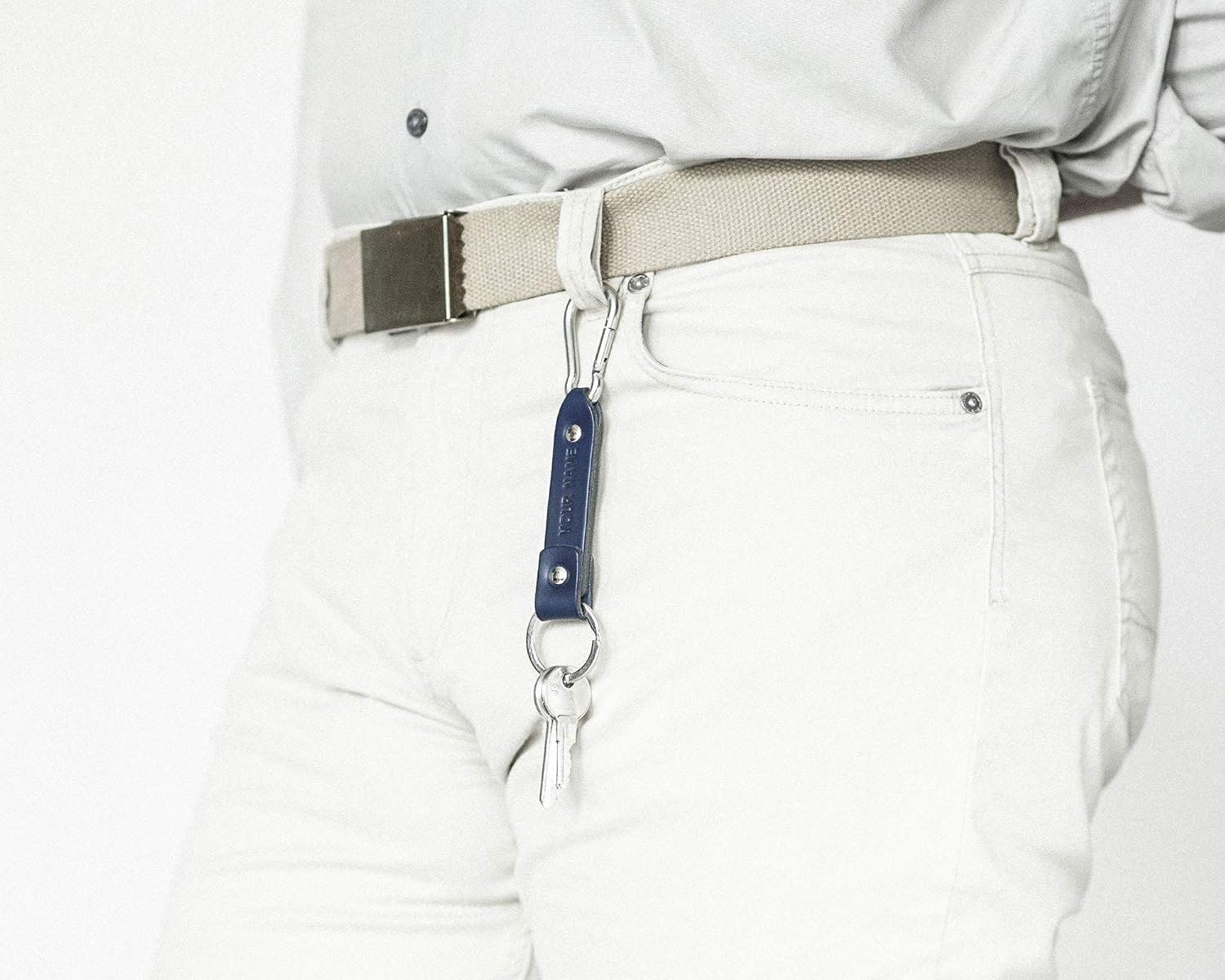 Blue leather key chain, stainless steel carabiner hook, custom text, initials ring, monogrammed keychain, boyfriend fob holder clip keyring engraved personalized groomsmen gift
