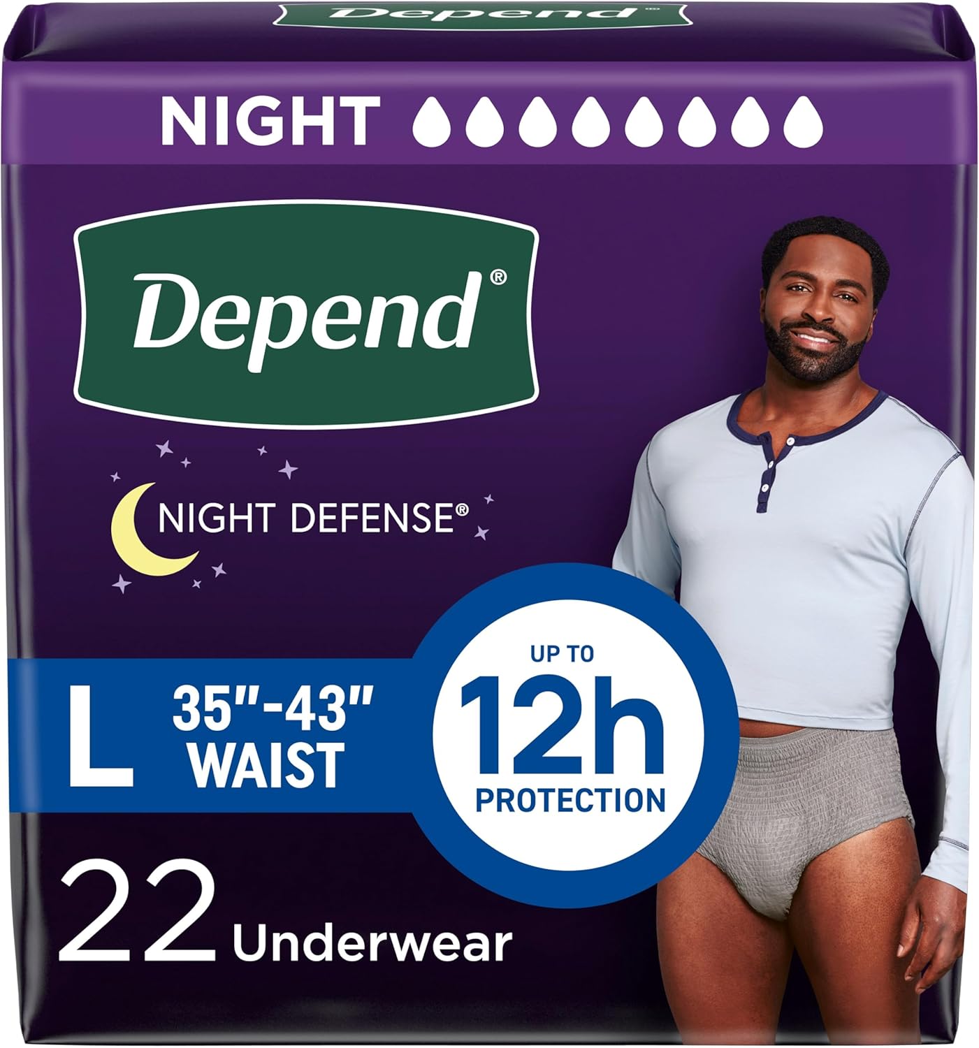 Depend Night Defense Adult Diapers, Incontinence Underwear for Men, Disposable, Overnight, Large, Grey, 22 Count, Packaging May Vary Large 22