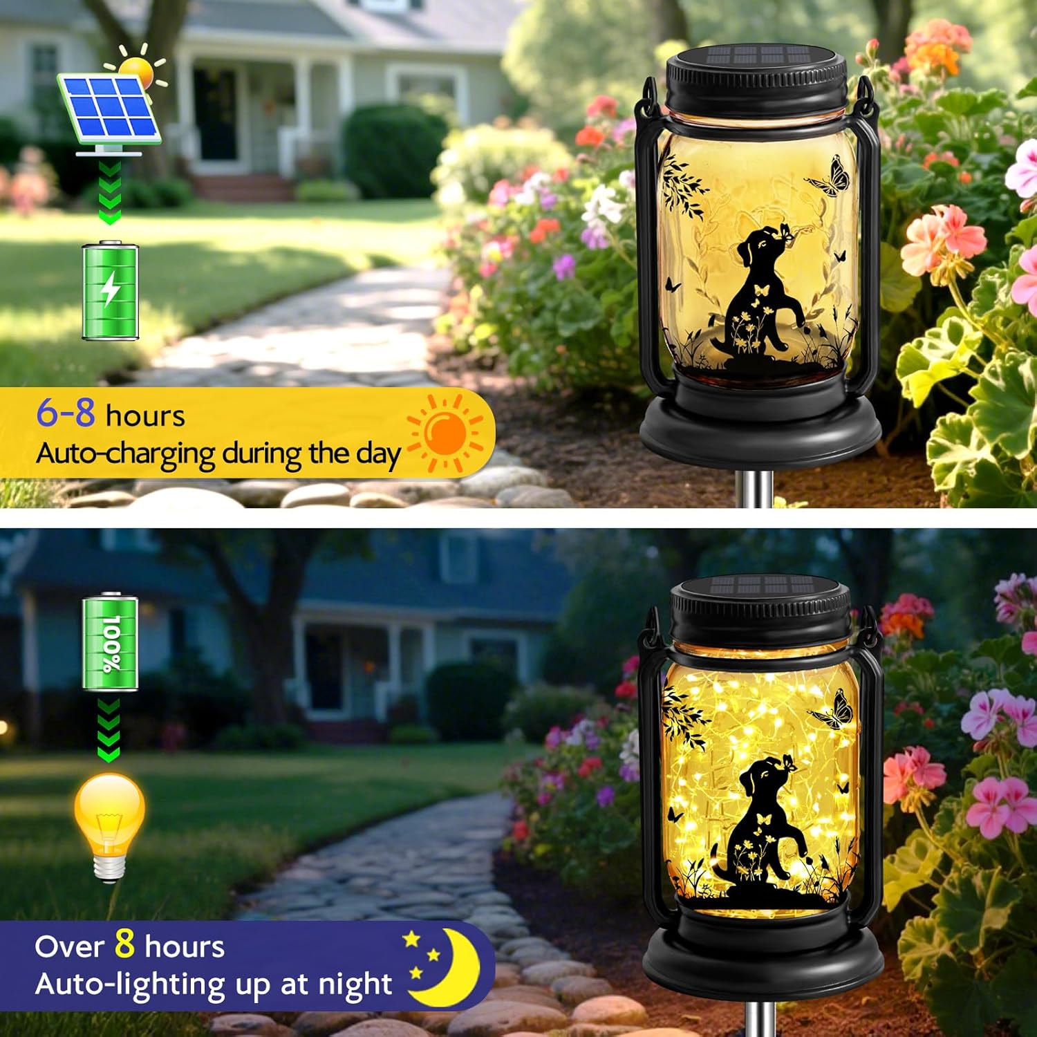 2 Pack Dog Solar Lanterns 3-IN-1 Outdoor Waterproof - Birthday Gifts for Dog Lovers Women Mom Christmas, Mason Jar Hanging Lanterns with Stake, Garden Decor Lights for Patio Yard Balcony Decorations