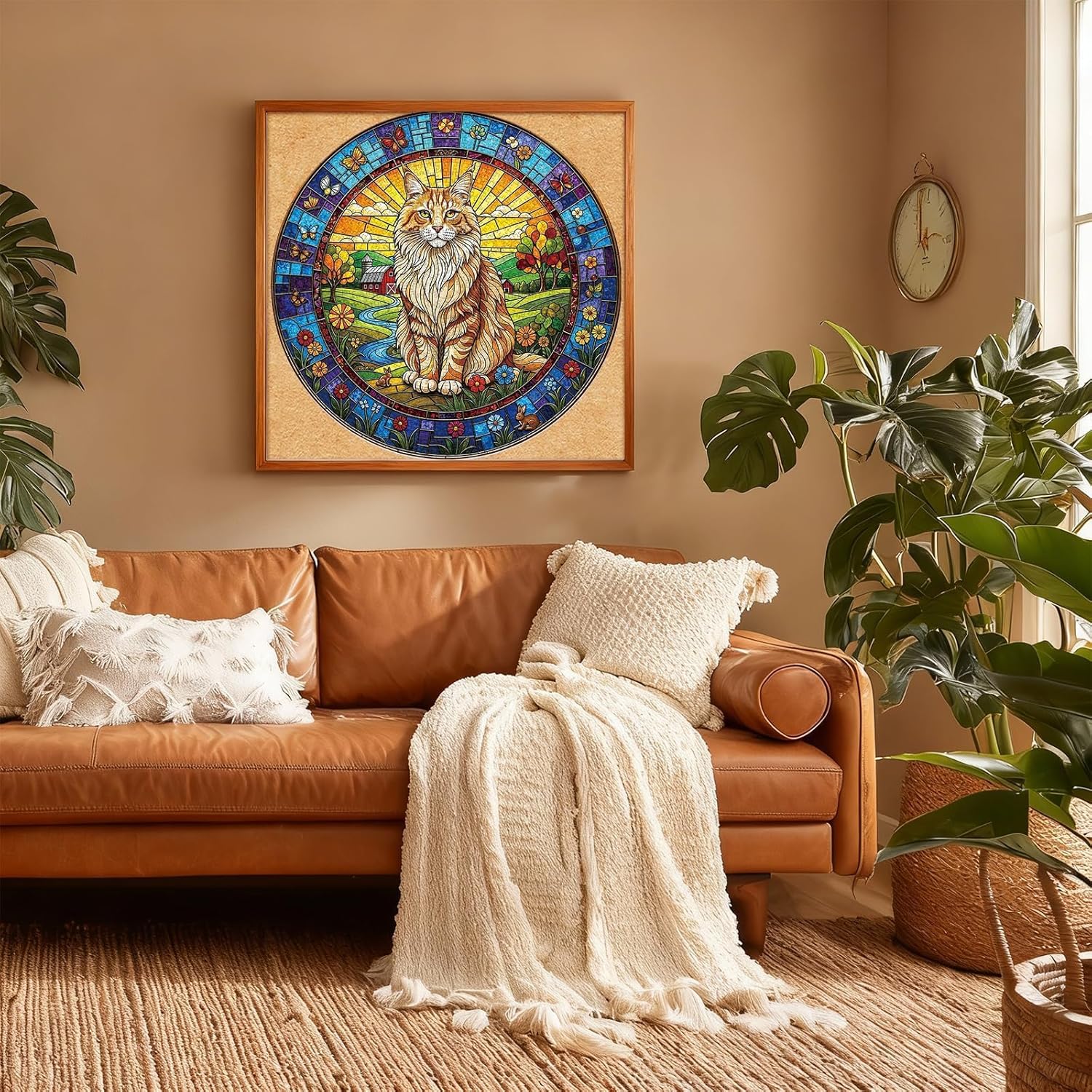 1000 Piece Puzzle for Adults, Stained Glass Maine Cat Round Jigsaw Puzzle, 3D Visual 26.6 x 26.6in 1000 Pieces Puzzles for Adults, Gift for Friends Family, Wall Art Home Decor