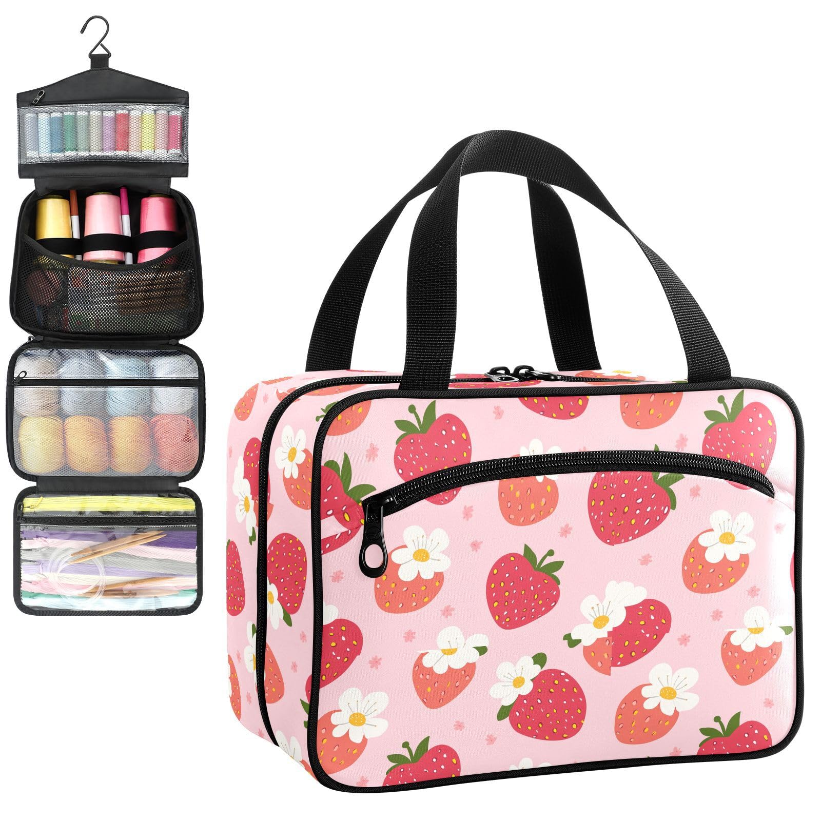 YNNALE Sewing Supply Organizer Bag, Red Strawberry White Floral Pink Portable Sewing Bags with Pockets&Hanger, Sewing Storage Box Case for Sew Supplies/Kit/Tools/Accessories (BAG ONLY)