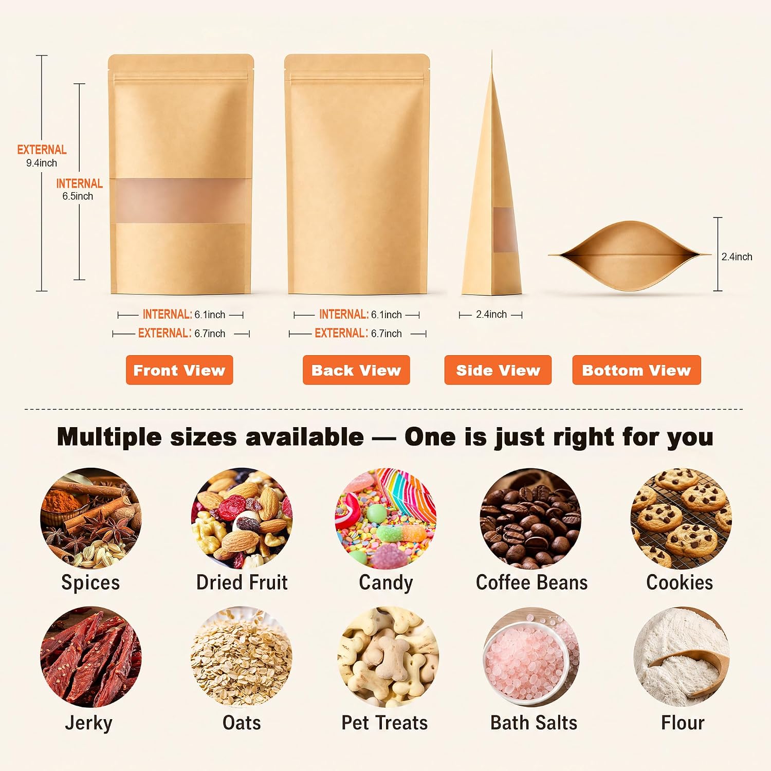 FireKylin 100 Pcs Resealable Bags, Paper Stand Up Pouches Bags with Matte Window for Small Businness, Zipper & Heat Sealable Treat Bags for Packaging(Inner Size 6.1" x 6.5"; Outer Size 6.7" x 9.4")