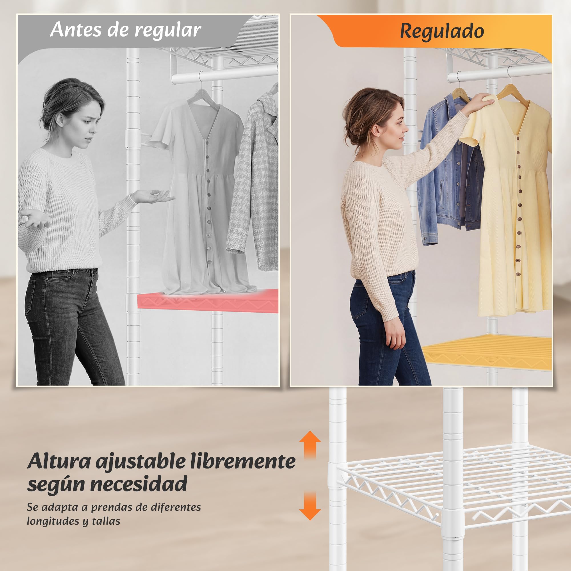 Burro ropa resistente, Armarios dormitorio metálico con 3 estantes regulables en altura, 2 barras para ropa y 4 ganchos, 155 KG de carga, 80x40x194,5 cm, Perchero burro ropa, Blanco