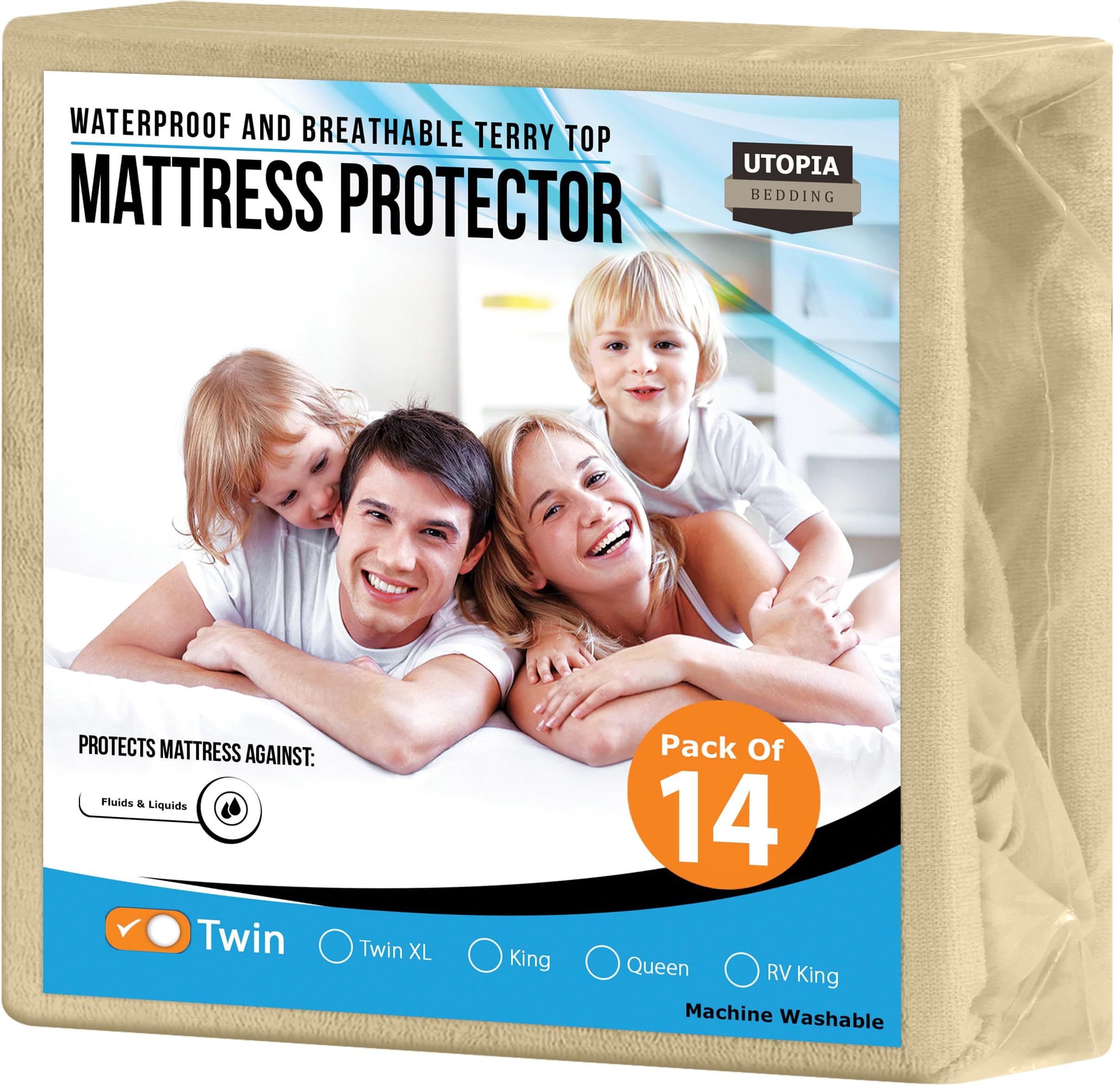 Utopia Bedding Waterproof Mattress Protector Twin Size (Pack of 14), Premium Terry Mattress Cover 200 GSM, Breathable, Fitted Style with Stretchable Pockets (Beige)